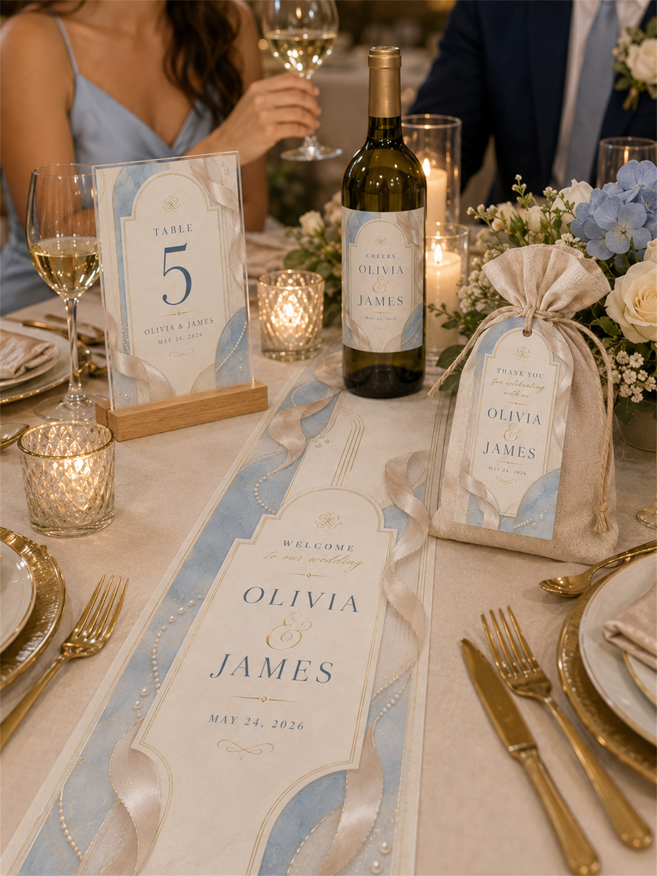 Elegant gray-blue and champagne gold wedding decorations - romantic and elegant wedding - arched frame design with ribbons and pearls as embellishments - custom name and date
